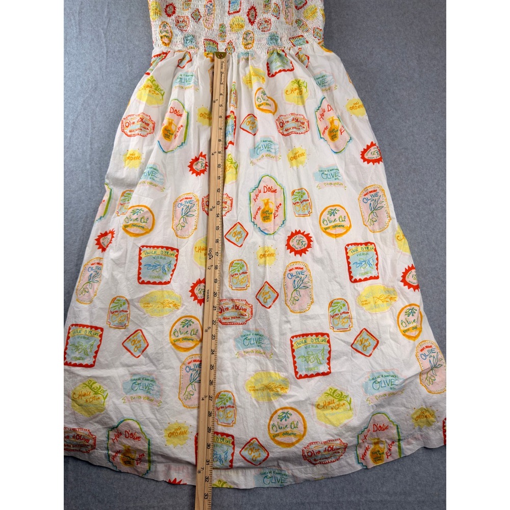 Cynthia Rowley Olive Oil Label Print Smocked Midi Dress White Large Tie Strap - Picture 7 of 11